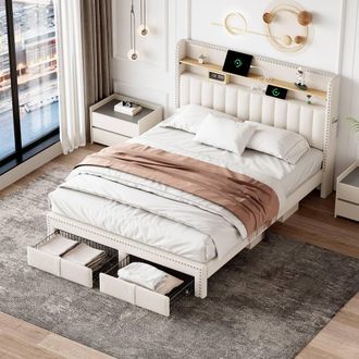 Merax 4ft6 Double Bed with LED, Storage Charging Headboard & 2 Drawers in Beige