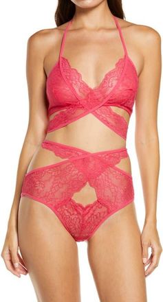 Oh là là Chéri Charlena Crossover Halter Bralette & High Waist Panties Set in Bright Rose at Nordstrom, Size Small