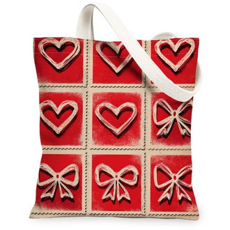 Generic ValentineS Day Hearts Canvas Tote Bags, Romantic Bow Pattern Reusable Shopping Bags, Lightweight Washable Shoulder Strap C, Red, 13x15 Inch