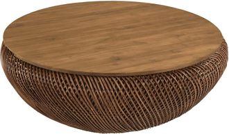 Macabane Mesa de centro de rat&aacute;n marr&oacute;n y madera de teca reciclada, di&aacute;m 100 cm