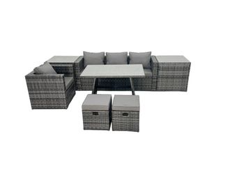 Fimous Rattan Dining Table Sofa Set with 2 Side Tables 2 Footstools Outdoor in Dark Grey