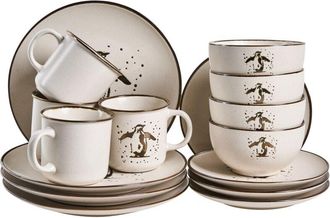 Beliani Vajilla De 16 Piezas De Gres Hecho A Mano Con Acabado Esmaltado Met&aacute;lico Reactivo Motivo Ping&uuml;ino Blanco Crema Canela