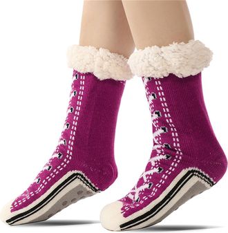 Generic Ultra-Thick Cute Slipper Home Socks, Ultra-Thick Cashmere Slipper Home Socks Womens Winter Christmas Sock With Grippers (Dark Purple)