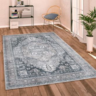Paco Home Paco Home - Alfombra Salon De Habitacion Tejido Plano Vintage Oriental Ribete Se Puede Lavar &Oslash; 120 Cm Redon, Gris 2