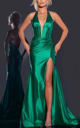 Jovani Halter Satin Gown With Ruched Wrap Skirt In Emerald