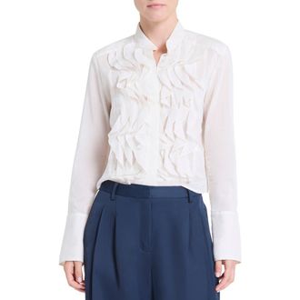 TWP Patti Ruffle Front Cotton & Silk Button-Up Shirt in White at Nordstrom, Size X-Large