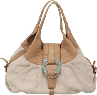 Bulgari Pre-owned Tote Bags, female, Beige, Size: ONE SIZE Pre-owned Vintage Canvas and Leather Hobo Bag