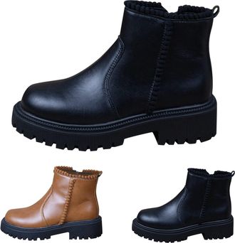 Generic Slip On Ankle Boots for Women Chunky Low Heel Comfortable Short Boots Round Toe Platform Lug Sole Dress Booties with Side Zipper Fall Winter Thickened