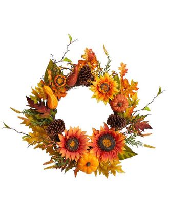 Nearly Natural 24In. Fall Sunflower, Pumpkin, Gourds, Pinecone & Berries Autumn Artificial Wreath