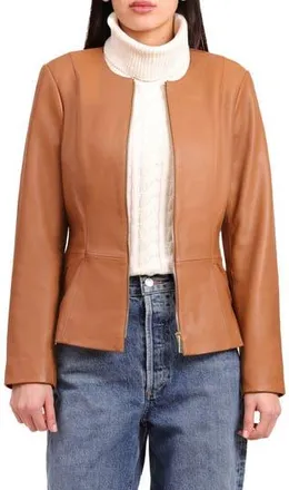 Bagatelle Genuine Leather Zip Front Peplum Jacket in Cognac at Nordstrom Rack, Size X-Small