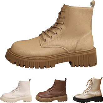 Generic Combat Boots for Women Lace-up Platform Ankle Booties with Side Zipper Chunky Low Heel Lug Sole Motorcycle Boots Ladies Comfortable Anti-Slip Walking 