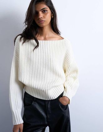 Topshop Maglione color avorio con scollo a barchetta-Bianco
