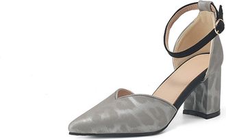 Generic Womens Pointed Toe Pumps Chunky Heel Ankle Strap Zebra Print Cushioned Insole Comfortable Stylish Fashionable Dress Shoes for Work Daily Wear,Grey,3.5