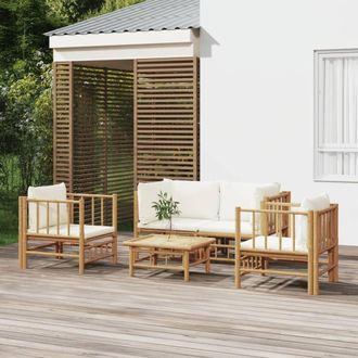 vidaXL Set De Muebles De Jard&iacute;n 5 Piezas Bamb&uacute; Y Cojines Blanco Crema Vidaxl