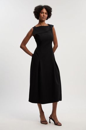 Karen Millen Womens Compact Stretch Asymmetric Neck Tailored Full Skirted Dress - Black - Size 16 UK