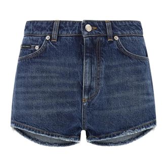 Dolce & Gabbana Korte Broeken, Dames, Blauw, S, Katoen, Logo Plate Shorts