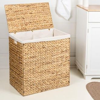 Happimess Sawyer Classic Farmhouse Handwoven Hyacinth 2-Section Collapsible Laundry Hamper with Washable Liner, Handles, and Lid in Natural at