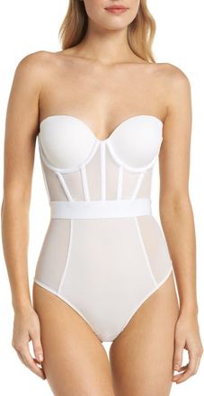 DKNY Sheers Strapless Underwire Bodysuit in White at Nordstrom, Size 34Dd
