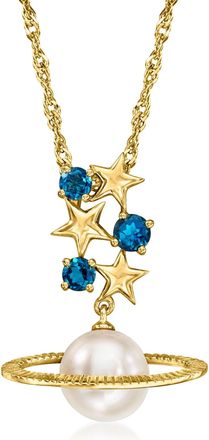 Ross-Simons 9.5-10mm Cultured Button Pearl and. London Blue Topaz Celestial Pendant Necklace in 18kt Gold Over Sterling