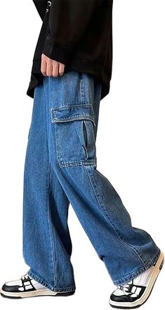Generic Jeans for Mens Baggy Cargo Trousers Y2K High Street Wide Leg Pants Vintage Casual Denim Trousers Hiphop Denim Jeans Pants Blue