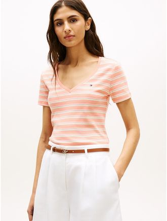 Tommy Hilfiger Womens Stripe V-Neck Favorite T-Shirt - Pink - XXL