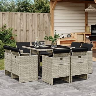 vidaXL Set Comedor De Jard&iacute;n 9 Pzas Cojines Rat&aacute;n Sint&eacute;tico Gris Claro Vidaxl