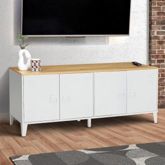IDMarket Ester C&oacute;moda Baja De 4 Puertas De Metal Blanco Con Tapa De Madera De Dise&ntilde;o Industrial 140cm