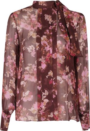 Nissa Bordeaux Ruffles Floral Print Viscose Blouse