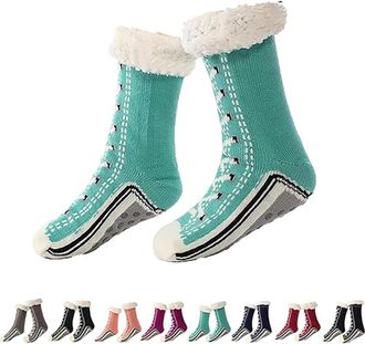 Generic Ultra-Thick Cashmere Slipper Socks for Women, Home Non-slip Soft Cozy Fleece, Winter Warm Fluffy Christmas Sock with Grippers (Blue)