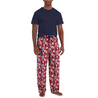 Club Room 2-Piece Pajama Set Mens Blue Red Tropical Cotton Short Sleeve UPS996