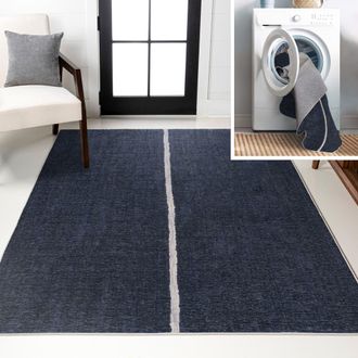 Jonathan Y Designs Linja Solid Centre Stripe Machine-Washable Area Rug in Navy/gray at Nordstrom, Size 3Ft 0In X 5Ft 0In