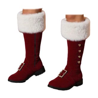 Generic Christmas Santa Claus Boots Womens Wide Calf Santa Combat Boots with White Plush Cuffs Foot Bells Buckle Strap for Halloween Christmas Costume