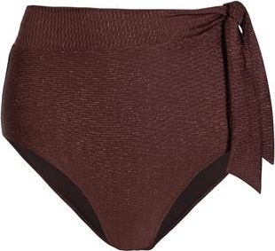 Change of Scenery Side Tie High Waist Bikini Bottom with Full Coverage in Cacao/gold Metallic at Nordstrom, Size X-Large