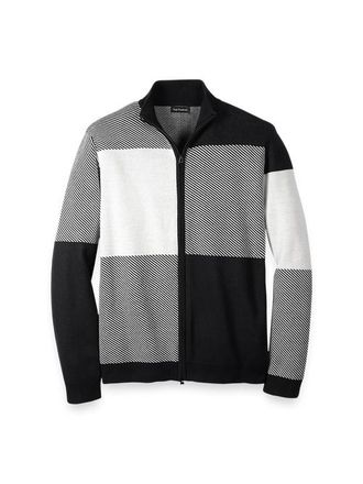 Paul Fredrick Cotton Full Zip Mock Neck Sweater in Black/white Glen Plaid at Nordstrom, Size Xx-Large