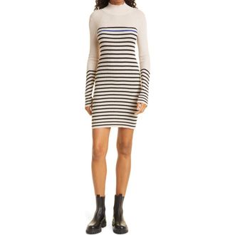 Rag & Bone Kate Stripe Turtleneck Long Sleeve Rib Sweater Dress in Ivory Multi at Nordstrom, Size Medium