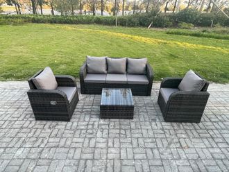 Fimous Garden Furniture Sets 5 Seater Wicker Rattan Furniture Patio Sofa Sets with Reclining Chair 3 Seater Sofa in Dark Grey