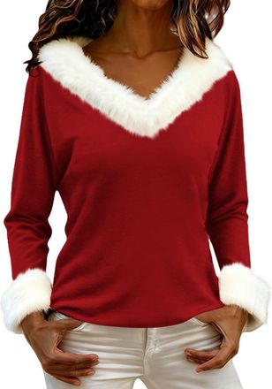 Generic Christmas Sweatshirts for Women Faux Fur Trim Plush V Neck Funny Xmas Tops Novelty Santa Claus Wine Glass Graphic Pullover Shirt (Z06-Red, L)