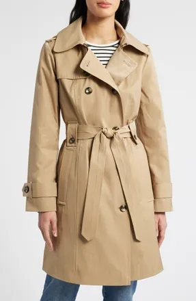 London Fog Missy Hooded Belted Trench Coat in Khaki at Nordstrom, Size X-Large