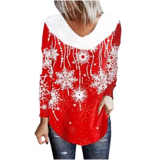 Generic Womens Christmas Jumpers Novelty Wine Glass Blouses Xmas Sweatshirt Crew Neck Pullover Long Sleeve Tops Loose Fit Blouse Snowflakes Jumper Casual Swea