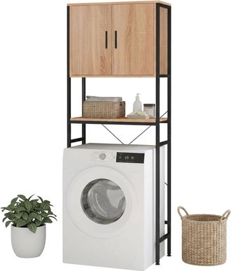 Relaxdays Relaxdays Armario Sobre Lavadora: Estantes, Puertas Para Lavadora, Secadora Y Inodoro 170x64,5x27 Cm Natural/negro