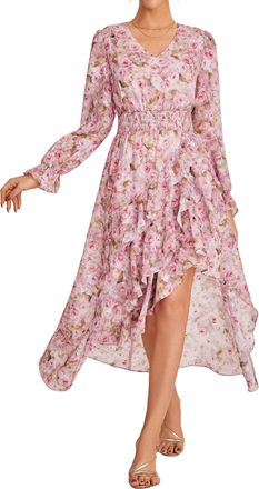 Grace Karin Womens Dresses Summer A-Line Long Sleeve Floral Dress Elastic Waist Elegant Wedding Guest Dresses Irregular Red Flower XXL