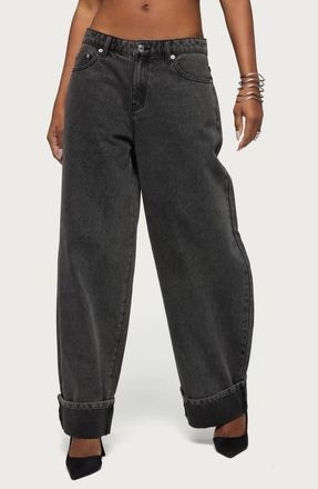 Edikted Kella Low Rise Baggy Wide Leg Cuffed Jeans in Black-Washed at Nordstrom, Size X-Large