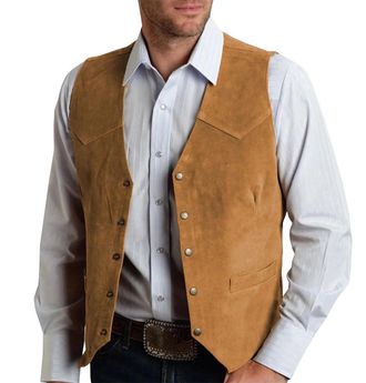 Generic Mens Suede Leather Vest Gentleman Business Waistcoat Vintage Western Cowboy Style Slim Fit Banquet Suit Vest