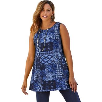 Jessica London Stretch Knit Sleeveless Swing Tunic in Blue Patchwork at Nordstrom, Size 12