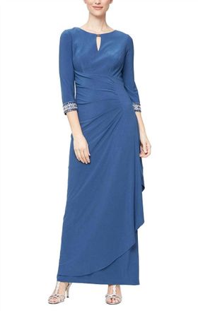 Alex Evenings Quarter Sleeved Long Dress In Wedgewood