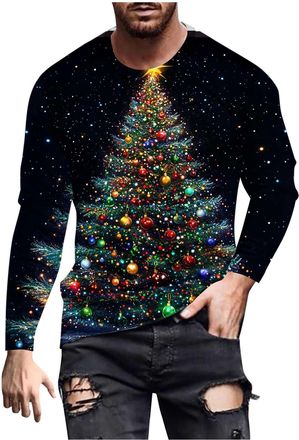 Generic Mens Christmas Sweatshirt Christmas Tree Printed Jumper Ugly Long Sleeve Pullover Xmas Funny Mens Blouse Novelty Crewneck Tops Christmas Casual Shirt 