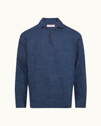 Orlebar Brown Vincent Linen Relaxed Fit Linen Long Sleeve Overhead Shirt in Night Iris at Nordstrom, Size Xx-Large