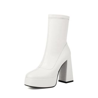 Generic Womens Ankle Boots With Crocodile Embossed Texture Chunky Block Heels Platform Sole Stretch Shaft Round Closed Toe Soft Inner Lining Durable Non-Slip 