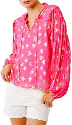 Ciebon Burnelle Metallic Star Long Sleeve Peasant Top in Neon Pink at Nordstrom Rack, Size X-Small
