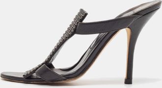 Gina Black Leather Crystal Embellished Slide Sandals